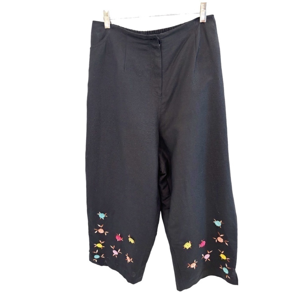 Larry Levine Plus Size Black Linen Blend Lined Pants Flower Embellished 22W